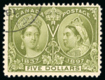Stamp of Canada 1897 Jubilee $5 olive-green, neatly cancelled by c.d.s.