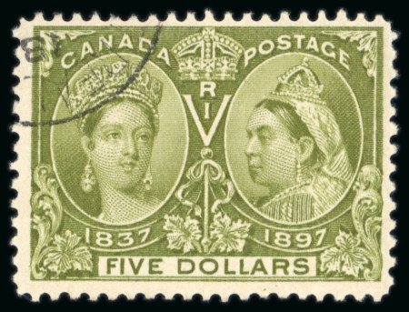 Stamp of Canada 1897 Jubilee $5 olive-green, neatly cancelled by c.d.s.