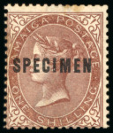 Stamp of Jamaica 1860-70 1/- purple brown, overprinted "SPECIMEN", tone