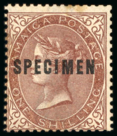 Stamp of Jamaica 1860-70 1/- purple brown, overprinted "SPECIMEN", tone
