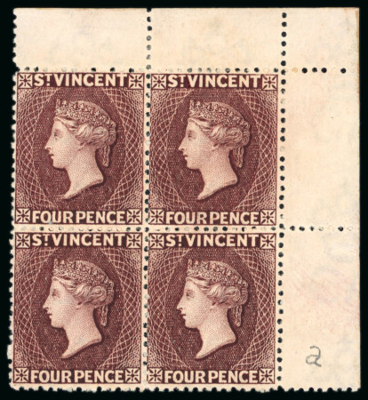 Stamp of St. Vincent 1885-93 4d. chocolate, corner block of four from the