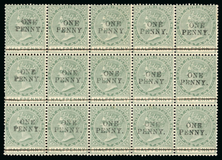 Stamp of St. Kitts-Nevis » St. Christopher 1887 1d. on 1/2d. dull green, mint large part OG block