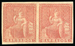 Stamp of Barbados 1861-70 (4d) Dull Brown-red, No Wmk, IMPERF PAIR, large