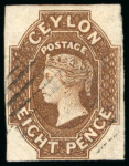 Stamp of Ceylon 1857-59 8d. brown, a four margined used example; some