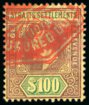 Stamp of Malaysia » Straits Settlements 1904-10 $100 purple and green on yellow,  neatly cancelled