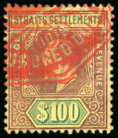 Stamp of Malaysia » Straits Settlements 1904-10 $100 purple and green on yellow,  neatly cancelled