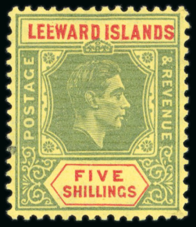 Stamp of Leeward Islands 1938-51 5/- green and red on yellow, variety Broken