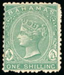 Stamp of Bahamas 1863-80 1/- blue-green, Perf. 12.5, fine mint; scarce.