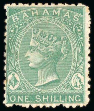 Stamp of Bahamas 1863-80 1/- blue-green, Perf. 12.5, fine mint; scarce.