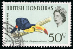 Stamp of British Honduras 1962 50c. keel-billed toucan, used, variety Missing