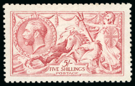 Stamp of Great Britain » King George V » 1913-19 Seahorse Issues 1915-De La Rue 5/- pale carmine (worn plate) fine mint