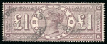 Stamp of Great Britain » 1855-1900 Surface Printed » 1883-84 & 1888 High Values 1884 £1 brown-lilac, CB, fine used, good colour.