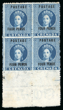 Stamp of Grenada 1881 (Apr.) Surcharges  4d. blue marginal block of