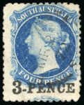 Stamp of Australia » South Australia 1868-79 3d. on 4d. Prussian blue, perf 11.5-12.5, very