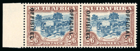 Stamp of South Africa » Union & Republic of South Africa Official. 1930-47 Set 21 (= 1947 issue) 2s6d dull blue and chocolate roto SUIDAFRIKA one word SG type O2 opt (20mm space) left marginal horizontal pair (R6/1-2) the left stamp (English) showing shorter OFFICIAL the right