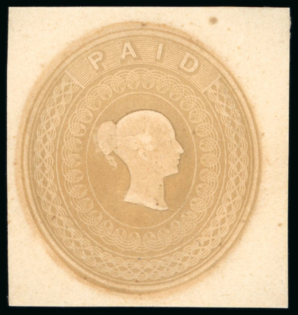 Stamp of Great Britain » 1839 Treasury Competition Charles Whiting embossed essays for stamping paper with "PAID" at top, printed in ochre