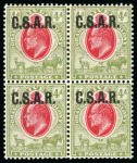 Stamp of South Africa » Orange Free State Railway Officials: 1905 4d scarlet and sage-green CSAR (type RO1) ovtp at top in mint block of four