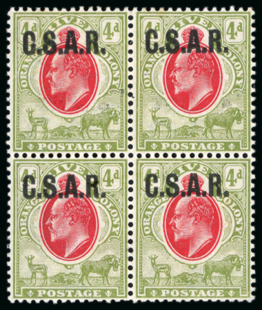 Stamp of South Africa » Orange Free State Railway Officials: 1905 4d scarlet and sage-green CSAR (type RO1) ovtp at top in mint block of four