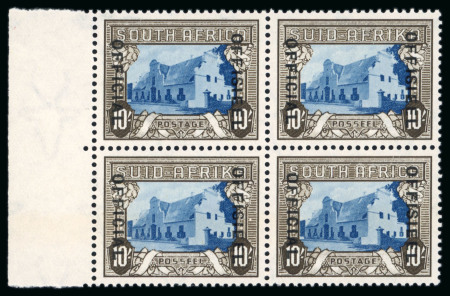 Stamp of South Africa » Union & Republic of South Africa Officials: 1935-49 10s blue and blackish sepia, SG type O3 ovpt with "OFFICIAL" at left, in mint n.h. left marginal block of four