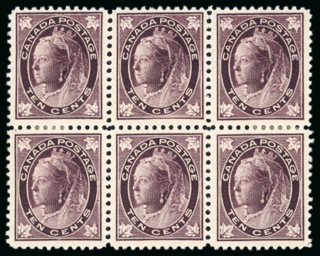 Stamp of Canada 1897-98, 10c brownish purple mint block of six