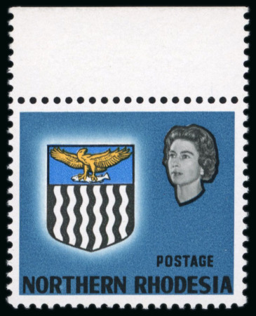 Stamp of Northern Rhodesia 1963, 20s blue with error value omitted, mint n.h. top marginal