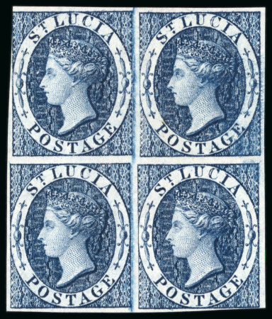 Stamp of St. Lucia 1863 wmk CC (4d) deep indigo imperforate plate proof ni block of four