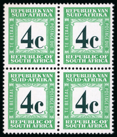 Stamp of South Africa » Union & Republic of South Africa Postage Dues: 1967-71 4c deep myrtle-green and emerald, wmk w127 (upright), Afrikaans at top, in mint n.h. block of 4
