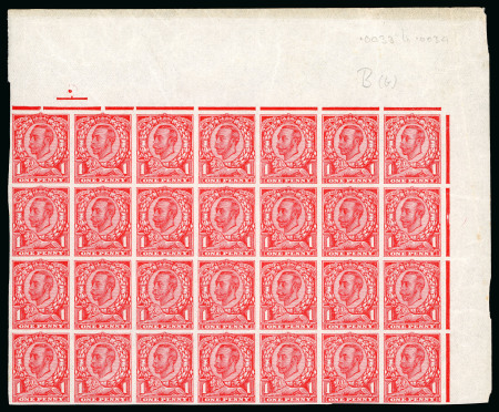 Stamp of Great Britain » King George V » 1911-12 Downey Head Issues 1911 1d Downey in scarlet (trial h) on John Allen Special Finish Paper, no wmk, in mint n.h. impef. top right corner block of 28