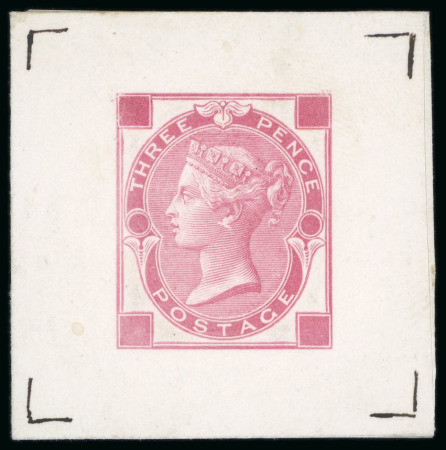 Stamp of Great Britain » 1855-1900 Surface Printed » 1867-80 Large Uncoloured Corner Letters, Wmk Spray of Rose 1870 3d die proof printed in rose on white matt card