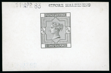 Stamp of Great Britain » 1855-1900 Surface Printed » 1883-84 & 1888 High Values 1883 2s6d Die proof. Very fine example without corner letters printed in black on white glazed card (92 x 60mm) endorsed BEFORE HARDENING and dated 11 APR 83. Scarce. Cat 2800 pounds