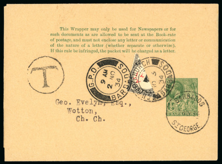 Stamp of Barbados Postage Dues: 1934 (Nov 2) 1/2d green postal stationery wrapper with bisected 1934-47 postage due 1d