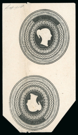 Stamp of Great Britain » 1839 Treasury Competition Charles Whiting embossed essay for stamping paper in black (without "PAID" at top) in tête-bêche pair