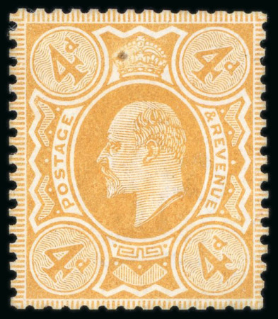 Stamp of Great Britain » King Edward VII » 1902-10 De La Rue Issues 1910 4d colour trial in yellow-orange from the mono-coloured plate