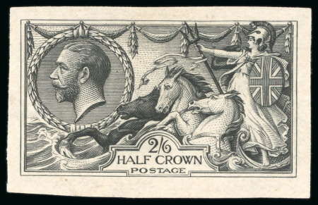 Stamp of Great Britain » King George V » 1913-19 Seahorse Issues 1913 2s6d Seahorse imperf. colour trial printed by Waterlow and Layton in black on thin ungummed paper