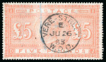 Stamp of Great Britain » 1855-1900 Surface Printed » 1867-83 High Values 1867-83 £5 orange DJ on blue paper, neat Vere-Street JU 26 83 cds