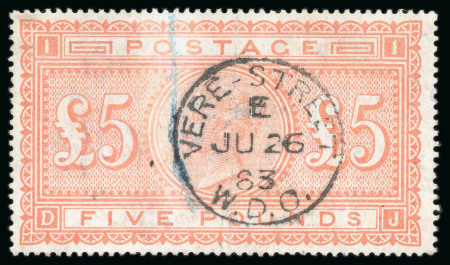 Stamp of Great Britain » 1855-1900 Surface Printed » 1867-83 High Values 1867-83 £5 orange DJ on blue paper, neat Vere-Street JU 26 83 cds