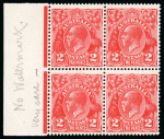 Stamp of Australia » Commonwealth of Australia 1926-30 2d golden scarlet, die II,I perf 13.5 x 12.5, with no watermark variety in mint left marginal block of four