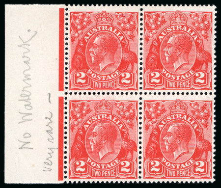Stamp of Australia » Commonwealth of Australia 1926-30 2d golden scarlet, die II,I perf 13.5 x 12.5, with no watermark variety in mint left marginal block of four