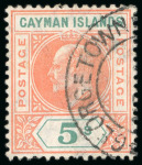 Stamp of Cayman Islands 1907 5s salmon and green with dented frame variety