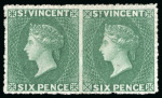 Stamp of St. Vincent 1862 6d deep green, perf. 14 to 16. imperf. between horizontal pair, unused