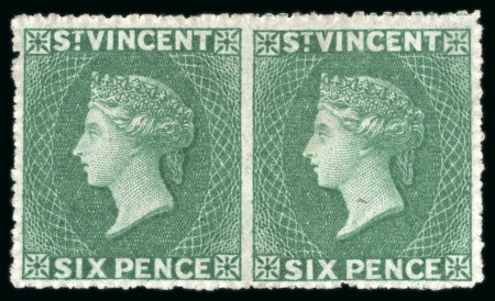 Stamp of St. Vincent 1862 6d deep green, perf. 14 to 16. imperf. between horizontal pair, unused