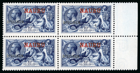 Stamp of Nauru 1916-23 Waterlow Seahorse 5s rose-carmine and 10s indigo-blue in mint n.h. "SPECIMEN" blocks of four