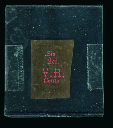 Stamp of Fiji 1875 Sperati forgery “2d on 6c V.R.” overprint, one cliché in negative on celluloid