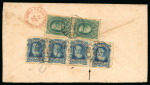 Stamp of Brazil » 1866-83 Dom Pedro » 1877-78 Roulette "White Beard" Issue 1877, 50r blue, strip of three and single, 100r vertical pair, on registered internal cover