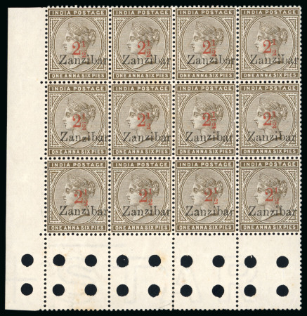 Stamp of Zanzibar » The Zanzibar Post Office (1895-1964) 1895-96, 2 1/2 on 1a6p (type 2) selection incl. mint n.h. lower left corner marginal block of 12