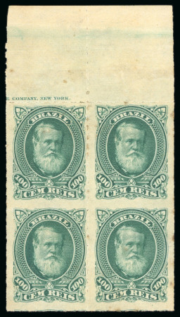 Stamp of Brazil » 1866-83 Dom Pedro » 1877-78 Roulette "White Beard" Issue 1877, 100r green, a spectacular marginal block of four mint