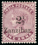 Stamp of Zanzibar » The Zanzibar Post Office (1895-1964) 1895-96, 2 1/2 on 1a plum selection incl. mint type 3 and type 5