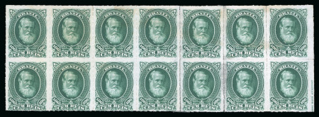 Stamp of Brazil » 1866-83 Dom Pedro » 1877-78 Roulette "White Beard" Issue 1877, 100r green, group of four multiples unused without gum