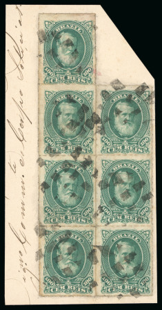 Stamp of Brazil » 1866-83 Dom Pedro » 1877-78 Roulette "White Beard" Issue 1877, 100r green, vertical block of seven, tied to