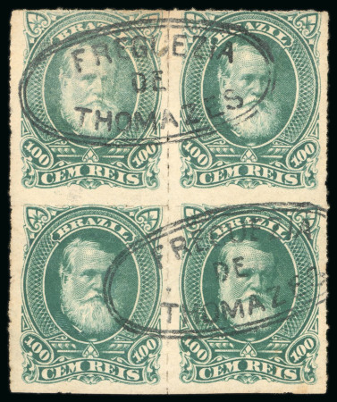 Stamp of Brazil » 1866-83 Dom Pedro » 1877-78 Roulette "White Beard" Issue 1877, 100r green, block of four showing complete strike